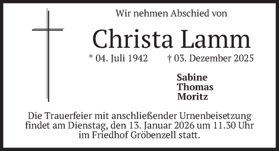 Traueranzeige von Christa Lamm von merkurtz