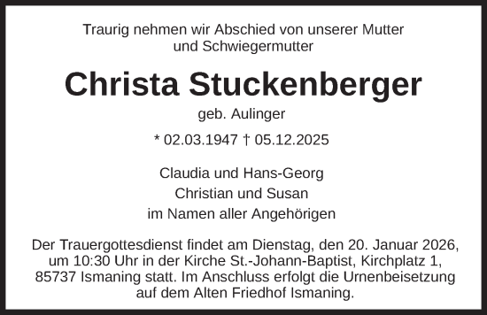 Traueranzeige von Christa Stuckenberger von merkurtz