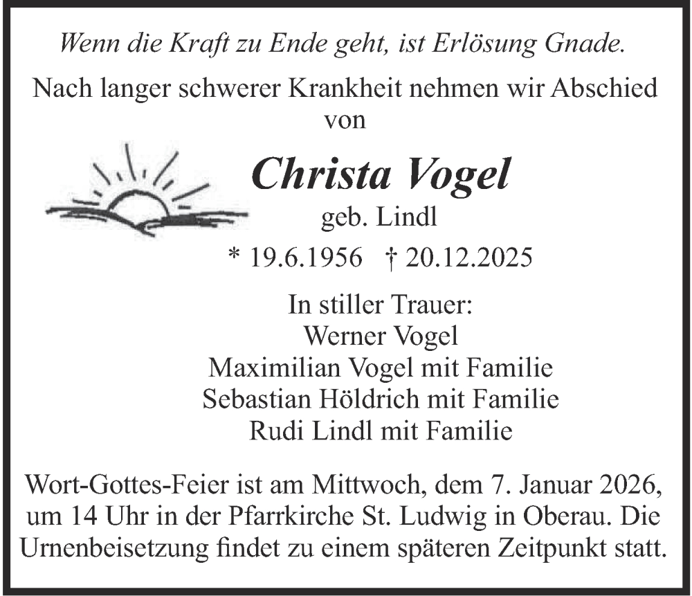  Traueranzeige für Christa Vogel vom 03.01.2026 aus merkurtz