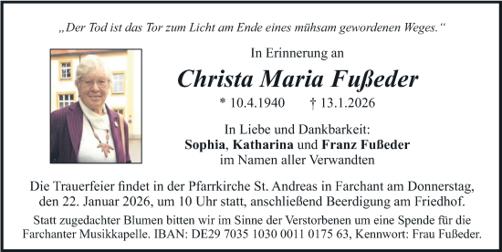 Traueranzeige von Christa Maria Fußeder von merkurtz