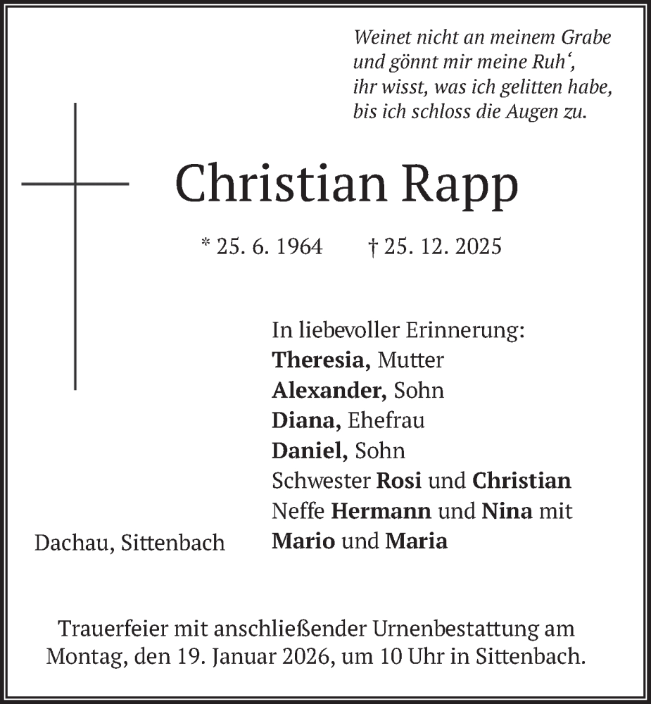  Traueranzeige für Christian Rapp vom 14.01.2026 aus merkurtz