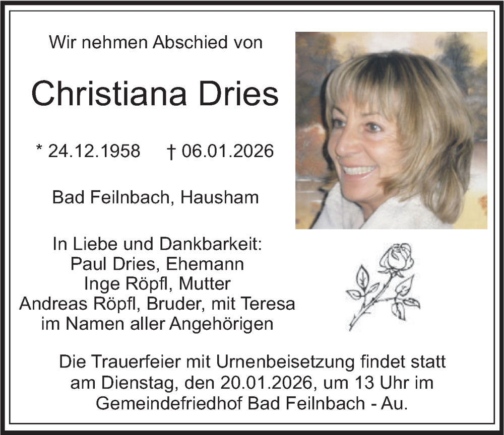  Traueranzeige für Christiana Dries vom 17.01.2026 aus merkurtz