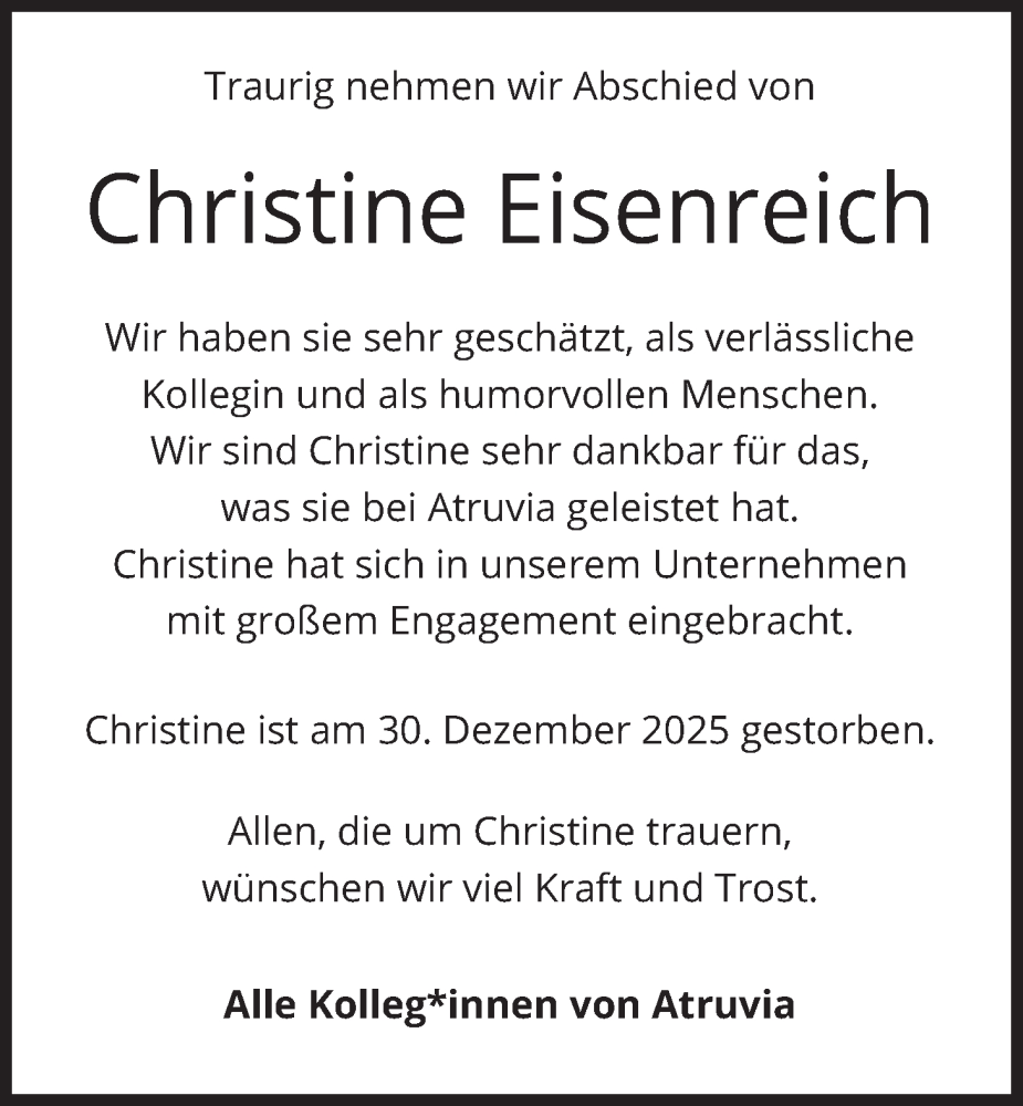  Traueranzeige für Christine Eisenreich vom 17.01.2026 aus merkurtz