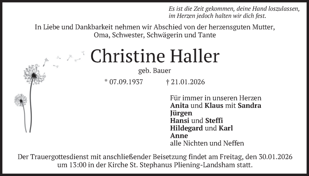  Traueranzeige für Christine Haller vom 26.01.2026 aus merkurtz