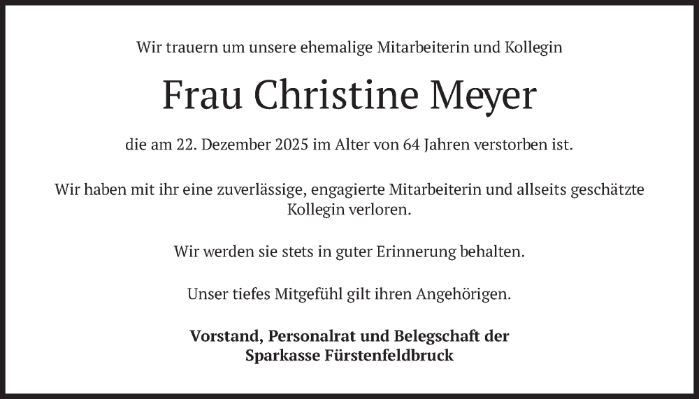  Traueranzeige für Christine Meyer vom 22.01.2026 aus merkurtz