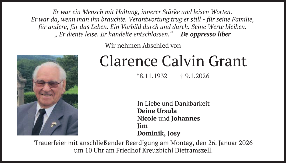  Traueranzeige für Clarence Calvin Grant vom 21.01.2026 aus merkurtz