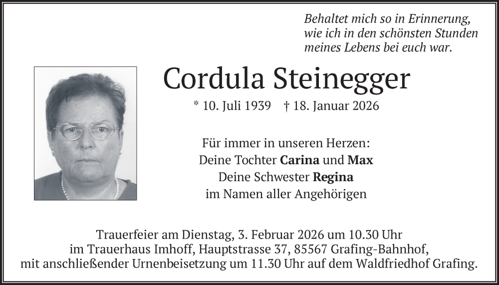  Traueranzeige für Cordula Steinegger vom 31.01.2026 aus merkurtz