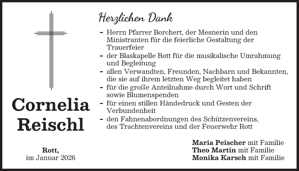  Traueranzeige für Cornelia Reischl vom 20.01.2026 aus merkurtz