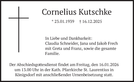 Traueranzeige von Cornelius Kutschke von merkurtz