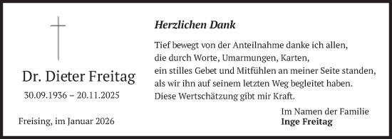 Traueranzeige von Dieter Freitag von merkurtz
