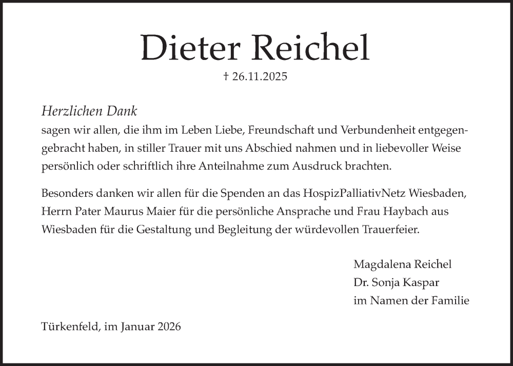  Traueranzeige für Dieter Reichel vom 17.01.2026 aus merkurtz