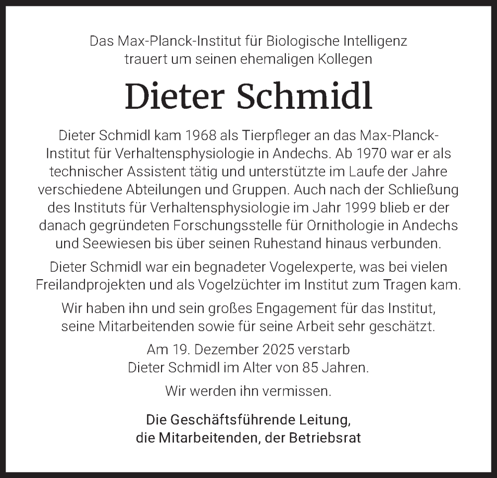  Traueranzeige für Dieter Schmidl vom 24.01.2026 aus merkurtz