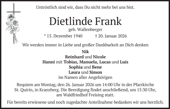Traueranzeige von Dietlinde Frank von merkurtz