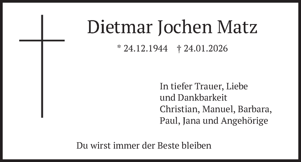  Traueranzeige für Dietmar Jochen  Matz vom 31.01.2026 aus merkurtz