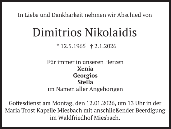Traueranzeige von Dimitrios Nikolaidis von merkurtz