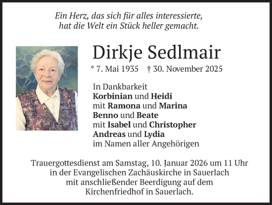 Traueranzeige von Dirkje Sedlmair von merkurtz