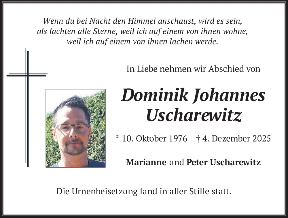  Traueranzeige für Dominik Johannes Uscharewitz vom 10.01.2026 aus merkurtz