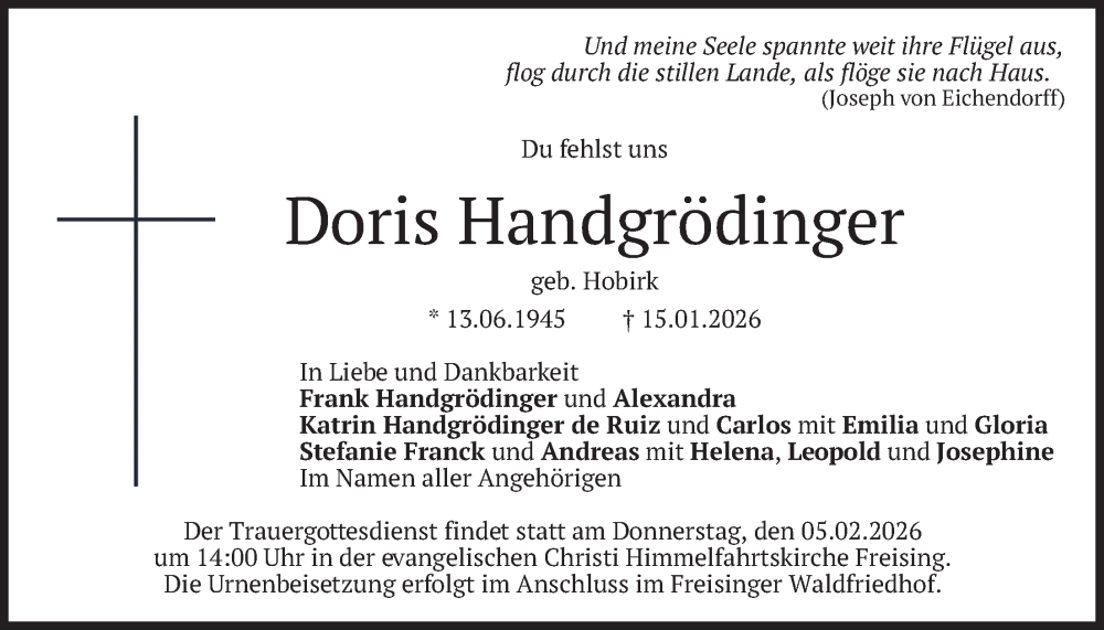  Traueranzeige für Doris Handgrödinger vom 31.01.2026 aus merkurtz