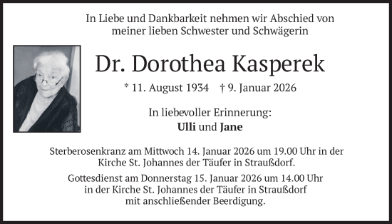 Traueranzeige von Dorothea Kasperek von merkurtz