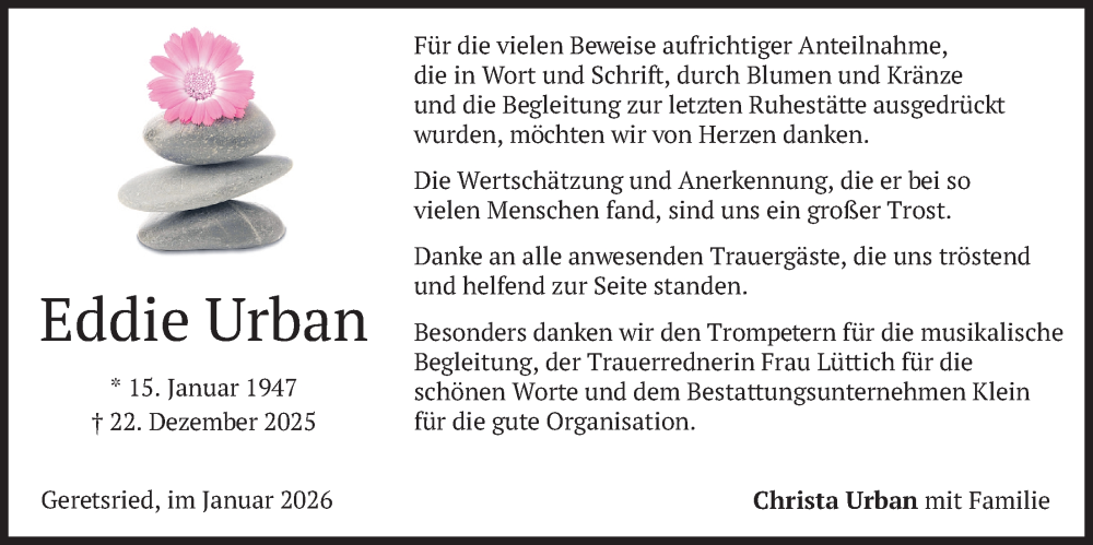  Traueranzeige für Eddie Urban vom 31.01.2026 aus merkurtz
