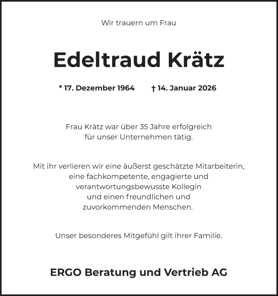 Traueranzeige von Edeltraud Krätz von merkurtz