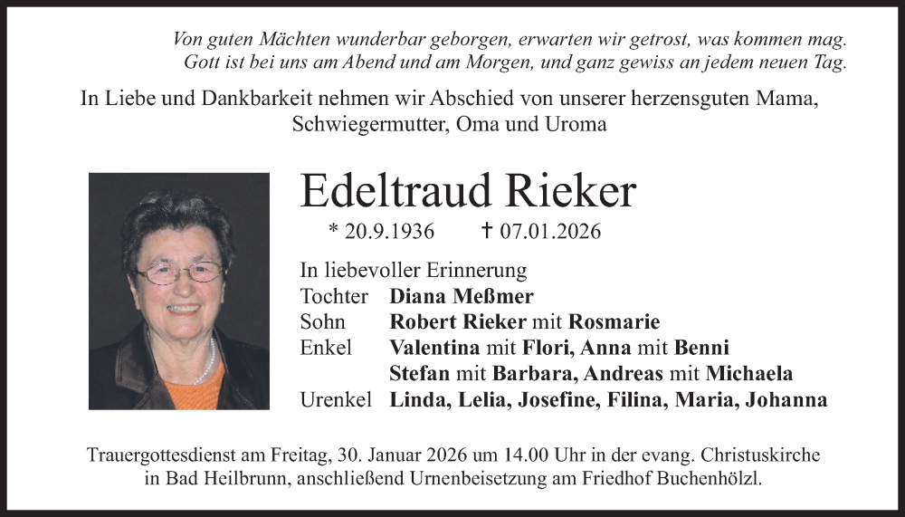 Traueranzeige für Edeltraud Rieker vom 23.01.2026 aus merkurtz