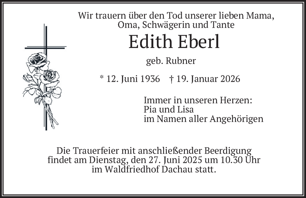  Traueranzeige für Edith Eberl vom 24.01.2026 aus merkurtz