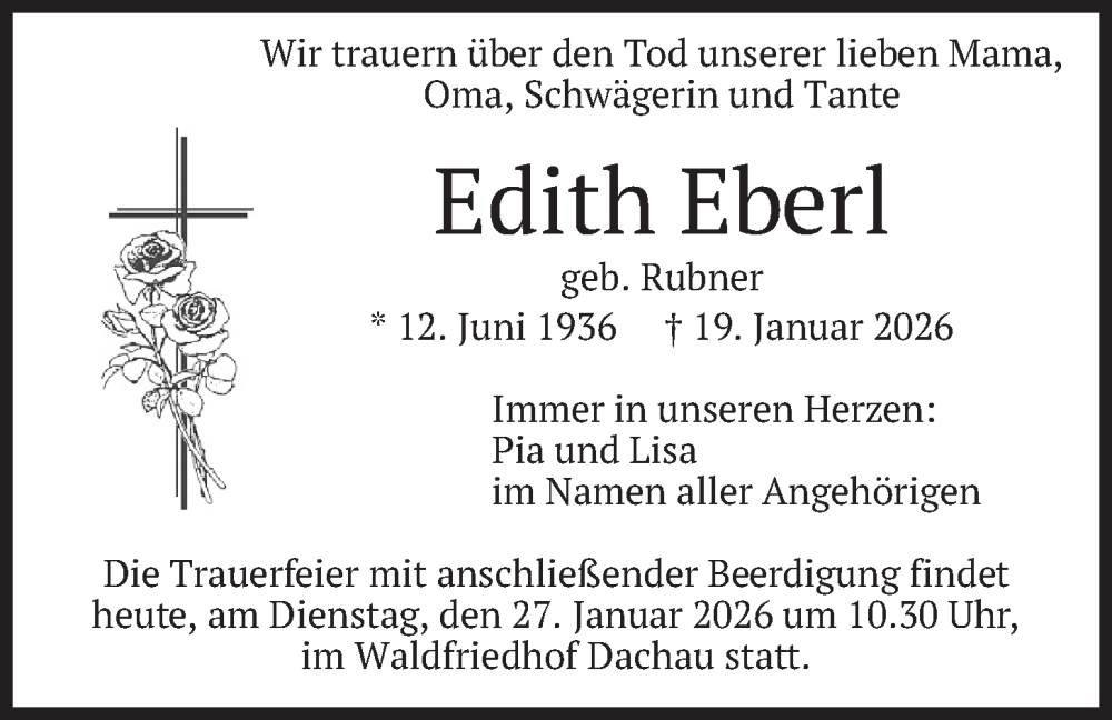  Traueranzeige für Edith Eberl vom 27.01.2026 aus merkurtz