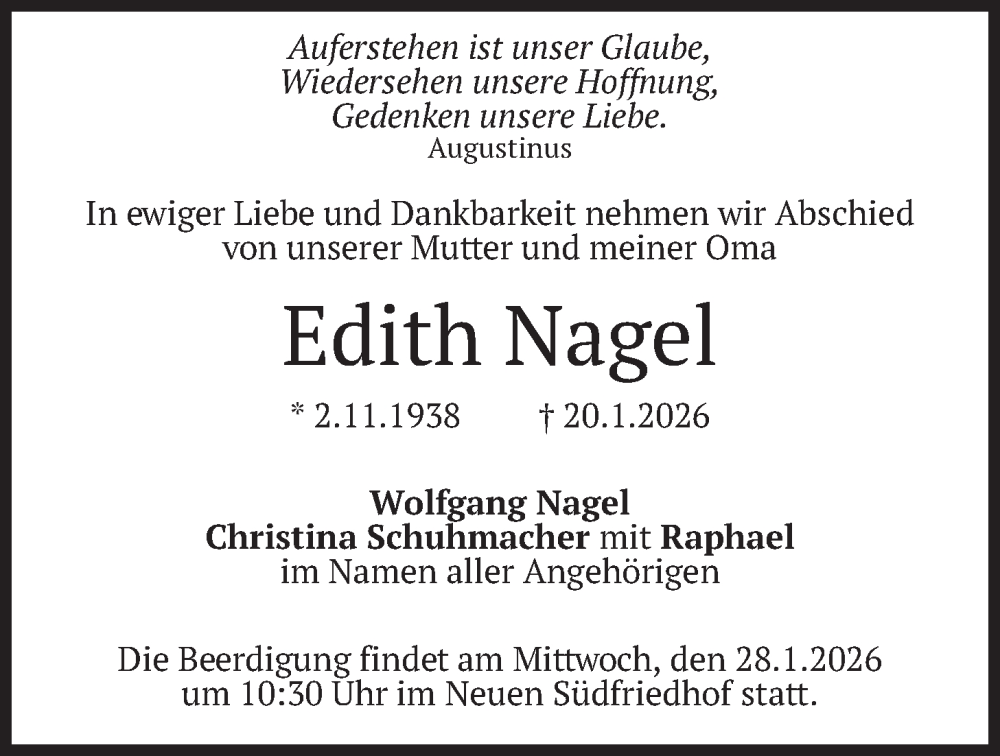  Traueranzeige für Edith Nagel vom 24.01.2026 aus merkurtz