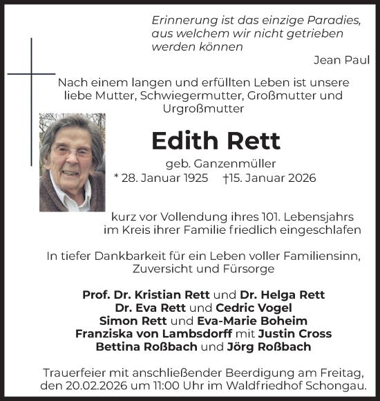 Traueranzeige von Edith Rett von merkurtz