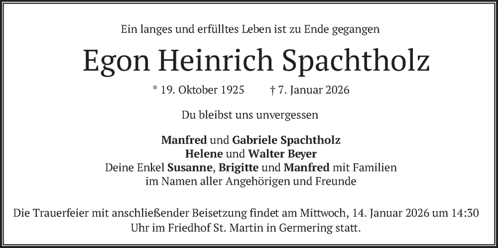  Traueranzeige für Egon Heinrich Spachtholz vom 10.01.2026 aus merkurtz
