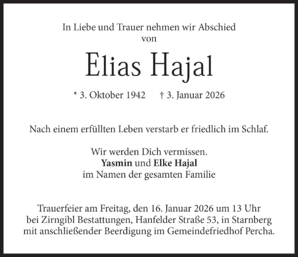  Traueranzeige für Elias Hajal vom 10.01.2026 aus merkurtz