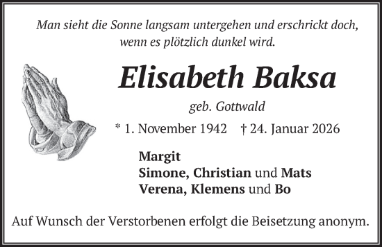 Traueranzeige von Elisabeth Baksa von merkurtz