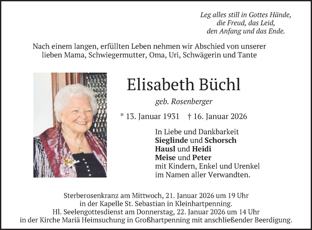  Traueranzeige für Elisabeth Büchl vom 20.01.2026 aus merkurtz
