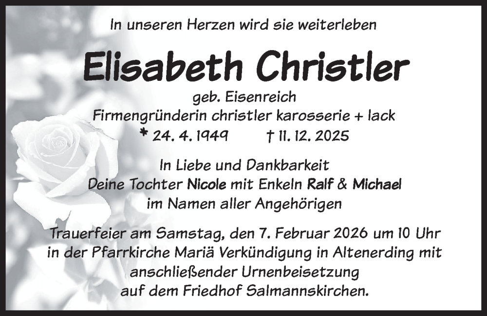  Traueranzeige für Elisabeth Christler vom 31.01.2026 aus merkurtz