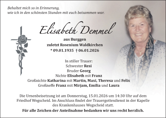 Traueranzeige von Elisabeth Demmel von merkurtz