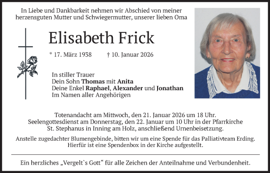 Traueranzeige von Elisabeth Frick von merkurtz