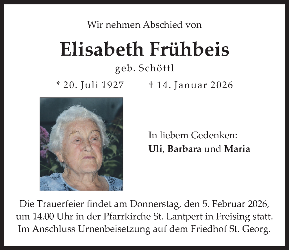  Traueranzeige für Elisabeth Frühbeis vom 31.01.2026 aus merkurtz