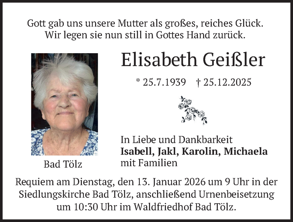  Traueranzeige für Elisabeth Geißler vom 10.01.2026 aus merkurtz
