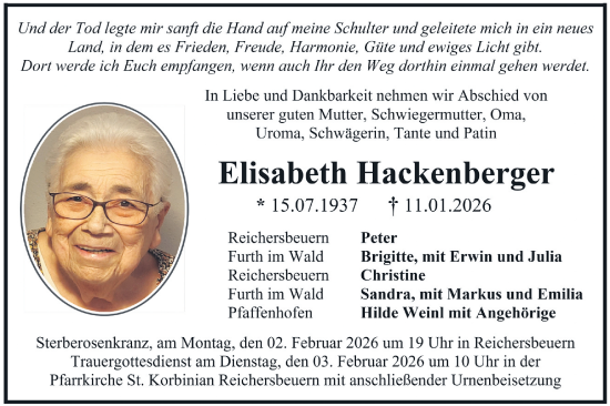 Traueranzeige von Elisabeth Hackenberger von merkurtz