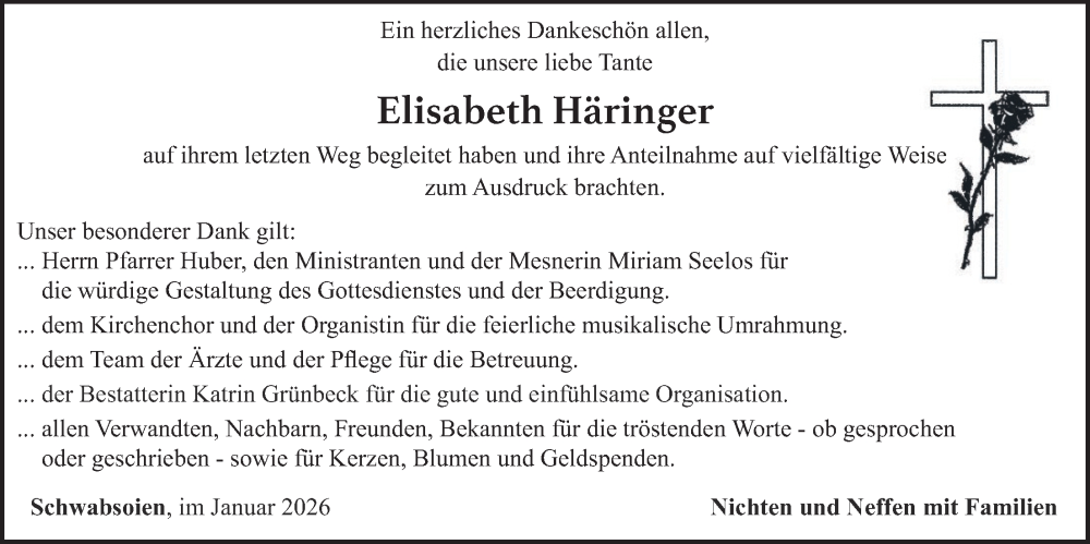  Traueranzeige für Elisabeth Häringer vom 07.01.2026 aus merkurtz