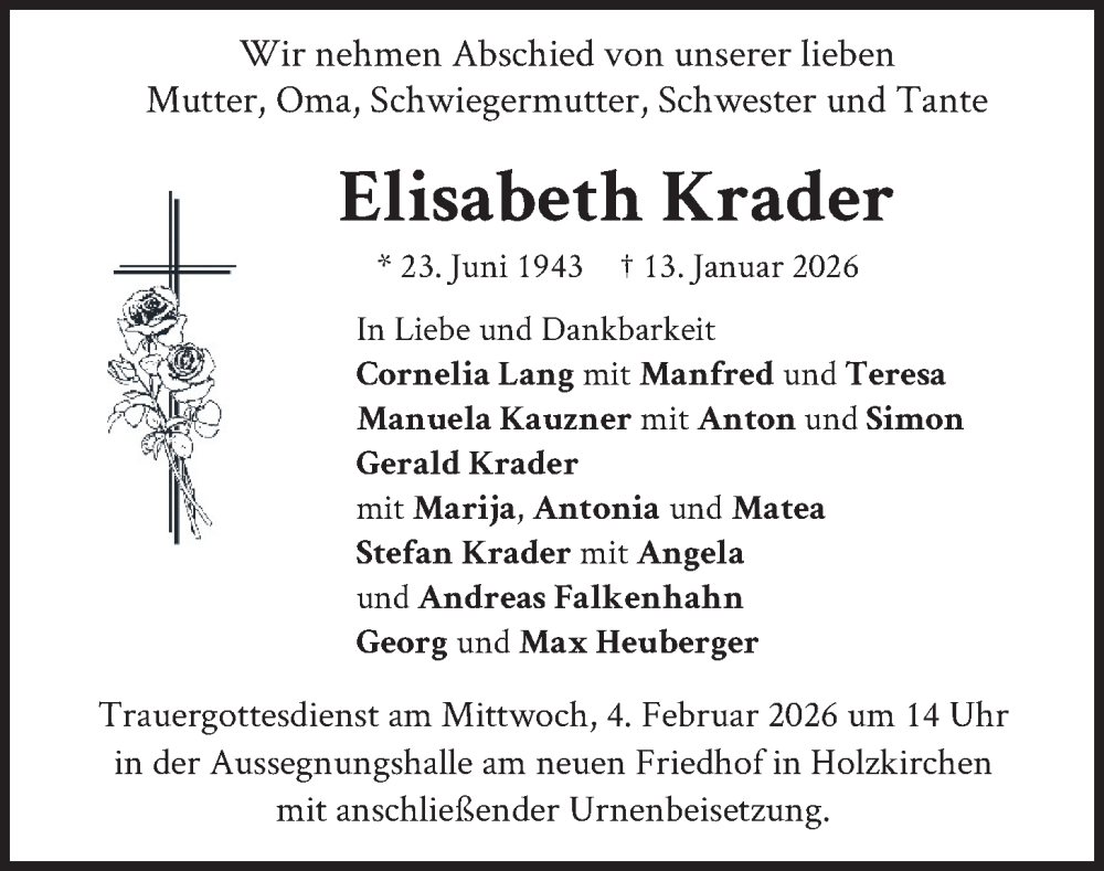  Traueranzeige für Elisabeth Krader vom 31.01.2026 aus merkurtz