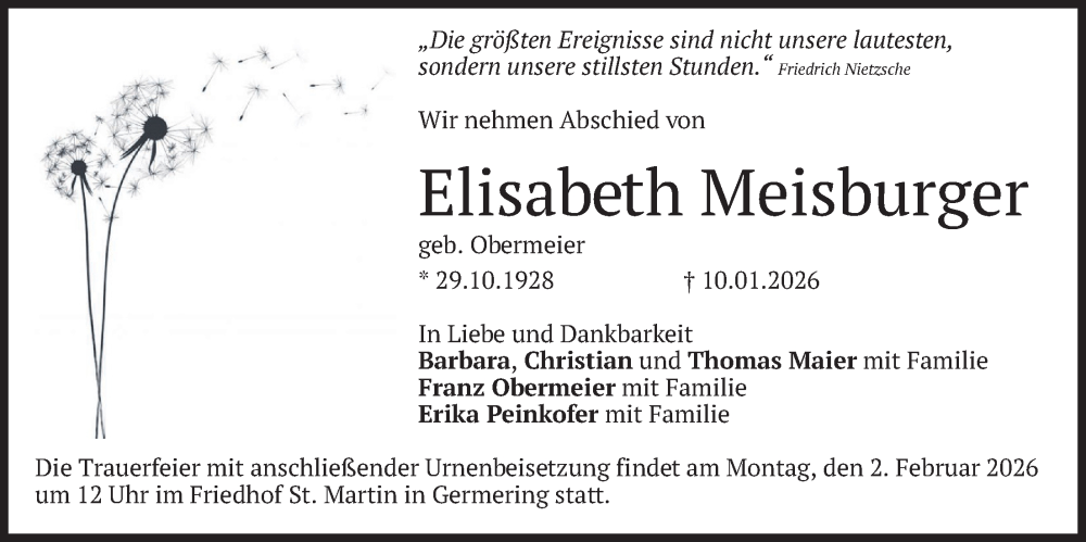  Traueranzeige für Elisabeth Meisburger vom 17.01.2026 aus merkurtz
