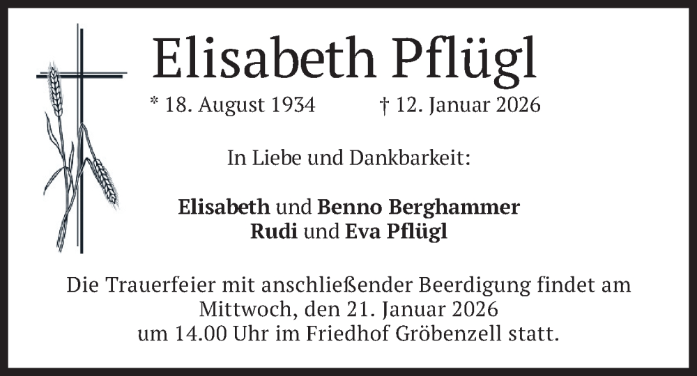  Traueranzeige für Elisabeth Pflügl vom 17.01.2026 aus merkurtz