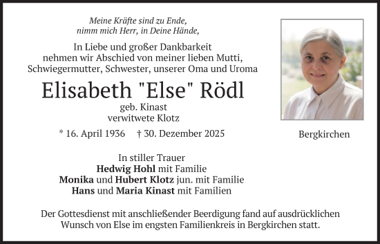 Traueranzeige von Elisabeth Rödl von merkurtz
