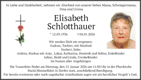 Traueranzeige von Elisabeth Schlotthauer von merkurtz