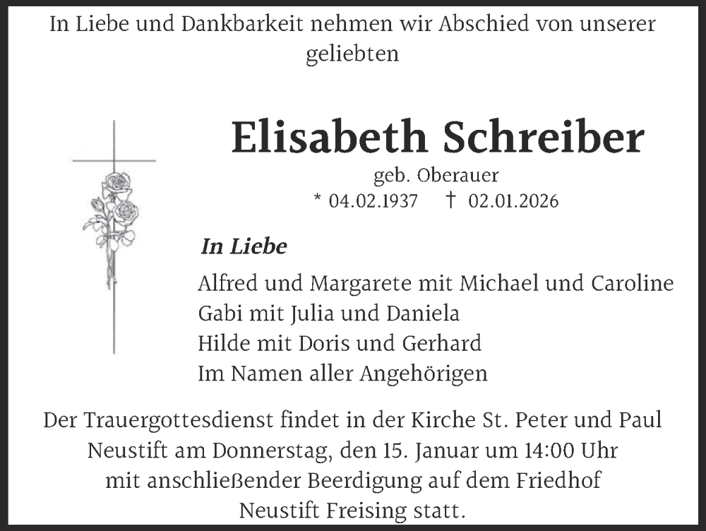  Traueranzeige für Elisabeth Schreiber vom 10.01.2026 aus merkurtz