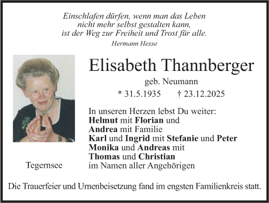 Traueranzeige von Elisabeth Thannberger von merkurtz