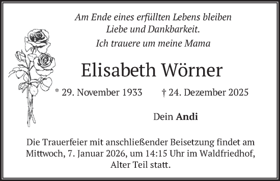 Traueranzeige von Elisabeth Wörner von merkurtz