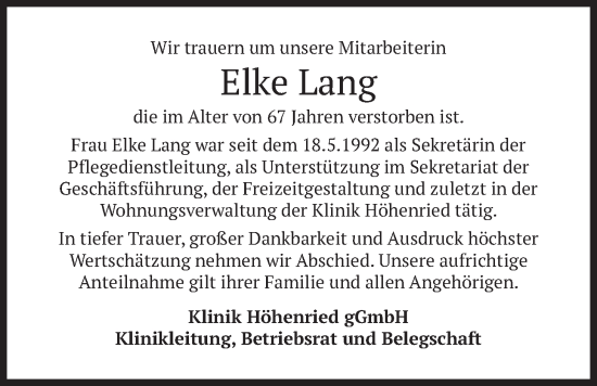 Traueranzeige von Elke Lang von merkurtz